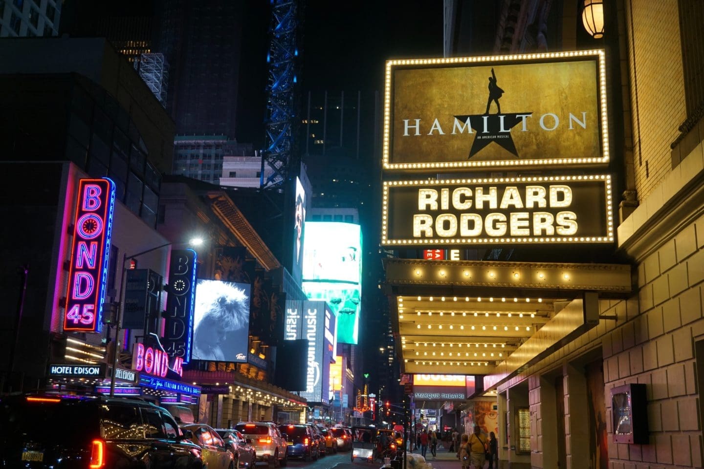 Broadway show "Hamilton" taking place at the Richard Rogers theater.