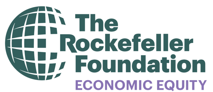 the text "The Rockefeller Foundation" in RF dark green with the globe logo and "Economic Equity" in purple