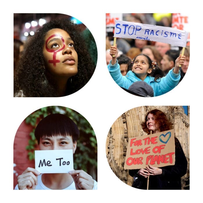 collage of women, womens rights and womens marches