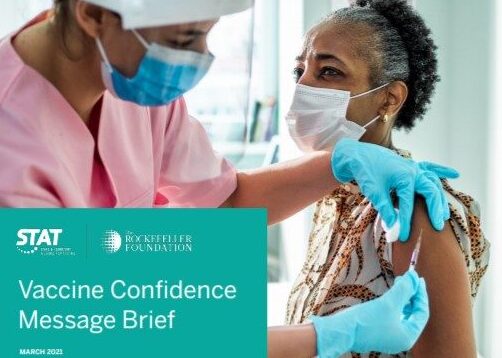 woman sitting receiving a vaccine shot in the arm from a healthcare worker with the text that reads "Vaccine Confidence Message Brief"