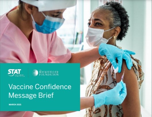 woman sitting receiving a vaccine shot in the arm from a healthcare worker with the text that reads "Vaccine Confidence Message Brief"
