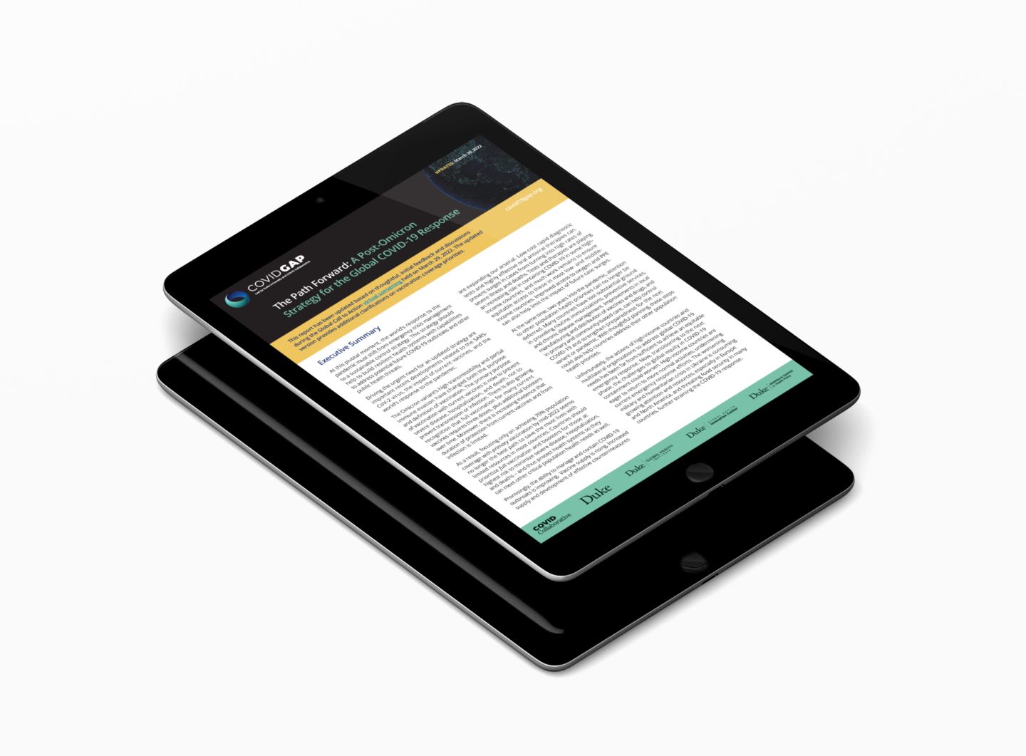 mini iPad of the report Covid Gap report cover.