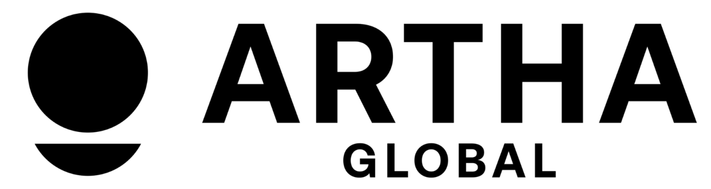 black and white logo that reads "Artha Global"