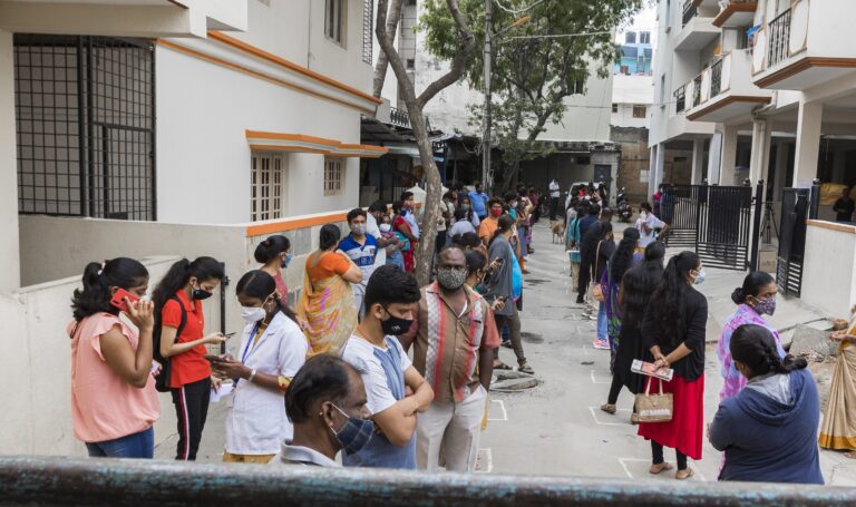 Line for a Vaccination Drive held in a Bengaluru urban slum