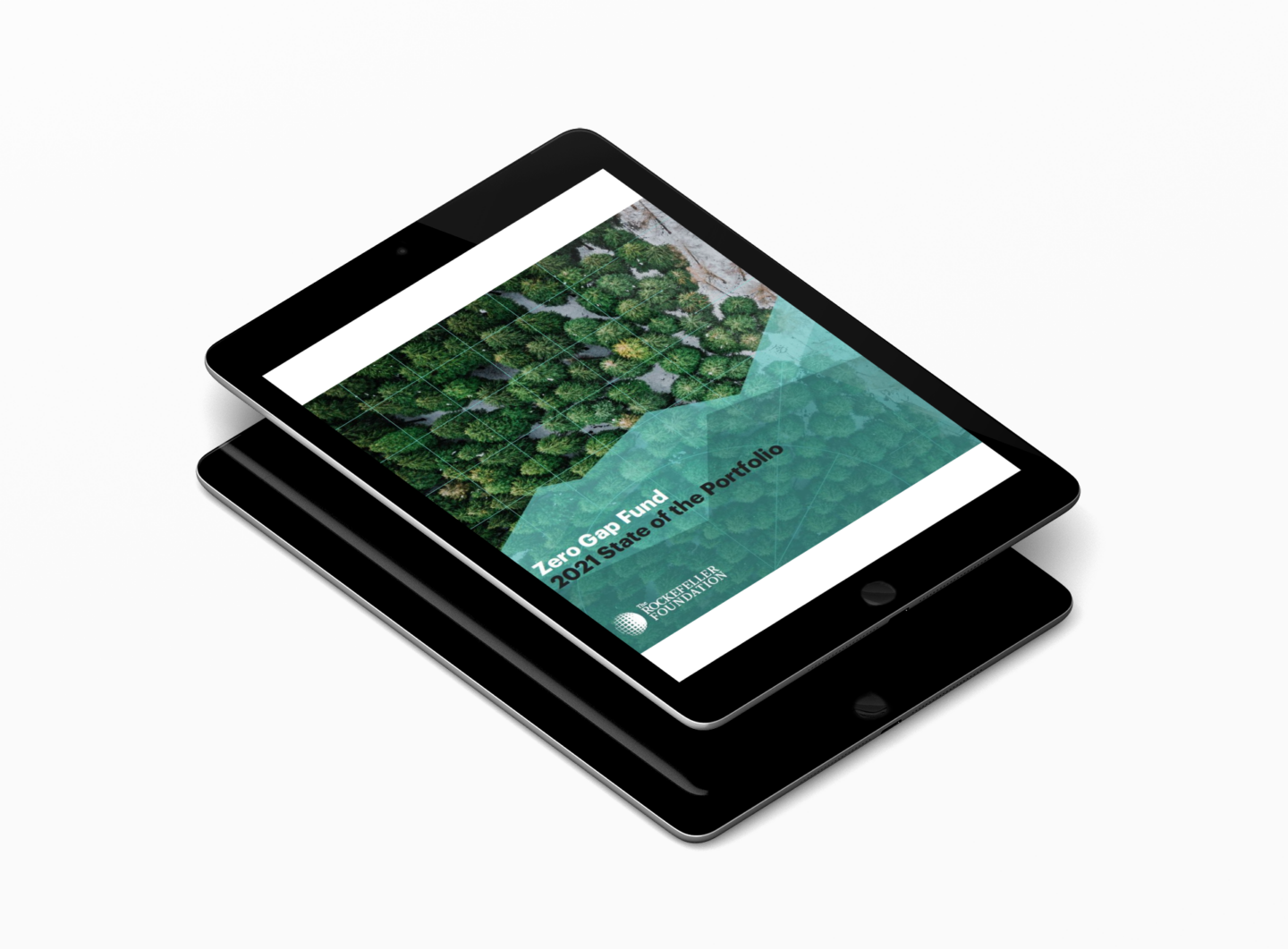 mini iPad with the Zero Gap Fund report cover of trees and forest