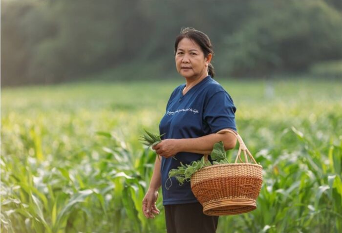 Thai farmer and community leader Narissara Phunsiriwilai in her fields (Photo Credit to The Momentum)