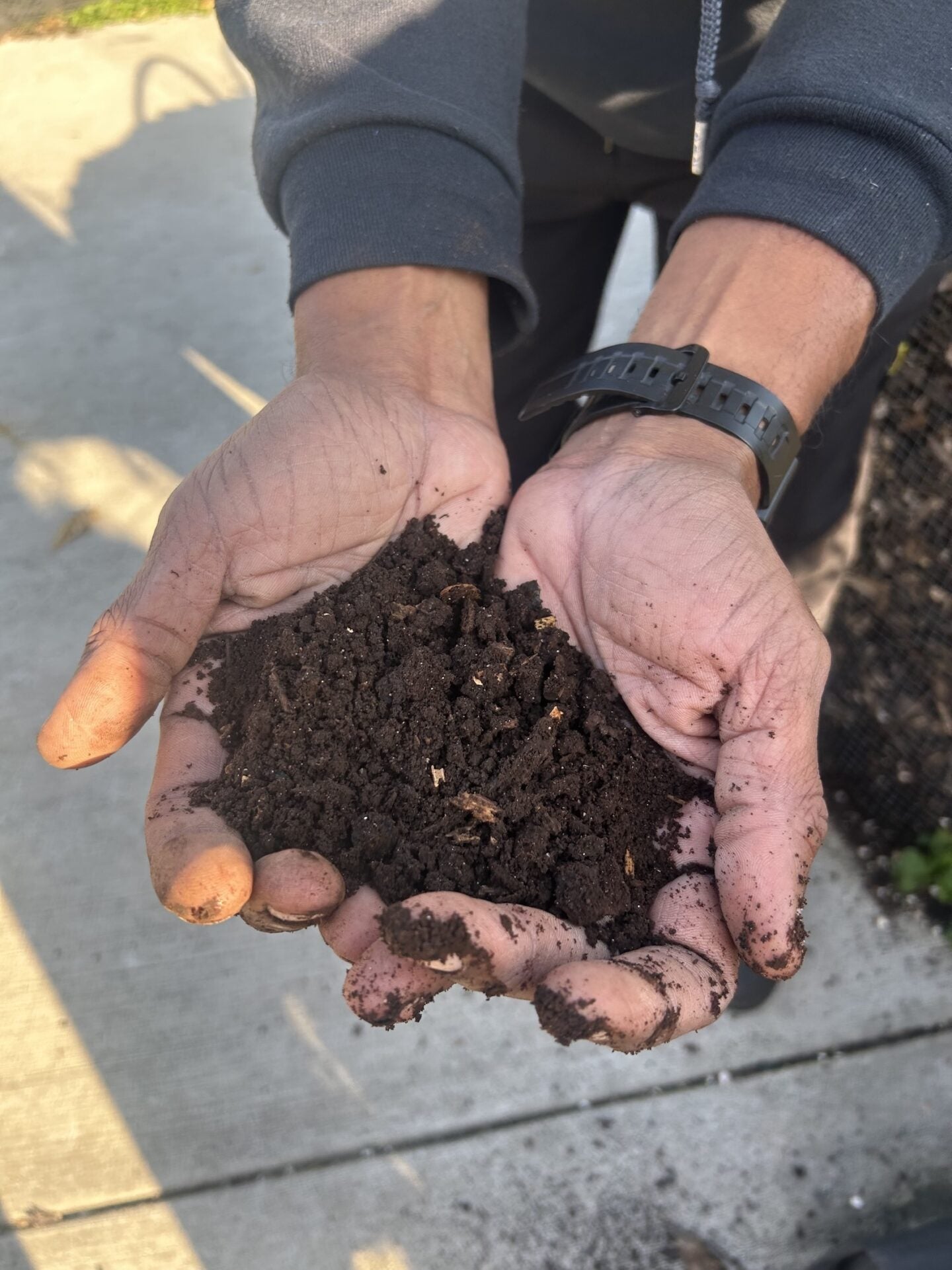Marvin Hayes of Baltimore Compost Collective holding a handful of composted soil (Photo Credit Masha Hamilton)