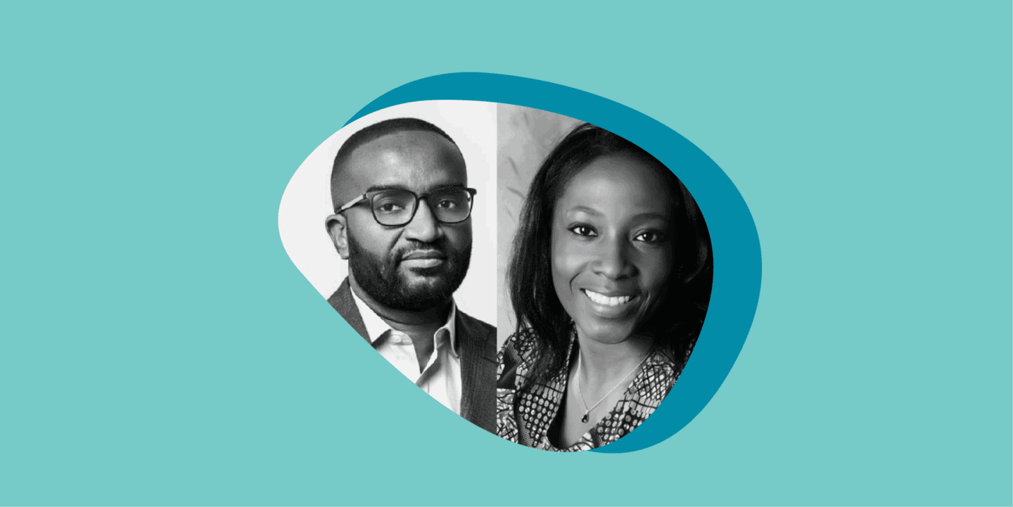 Two black and white photos in a circular frame. One is of a woman smiling at the camera, and the other is a man in glasses looking at the camera with a serious expression. The photos are set against overlapping teal and turquoise circles on a light teal background