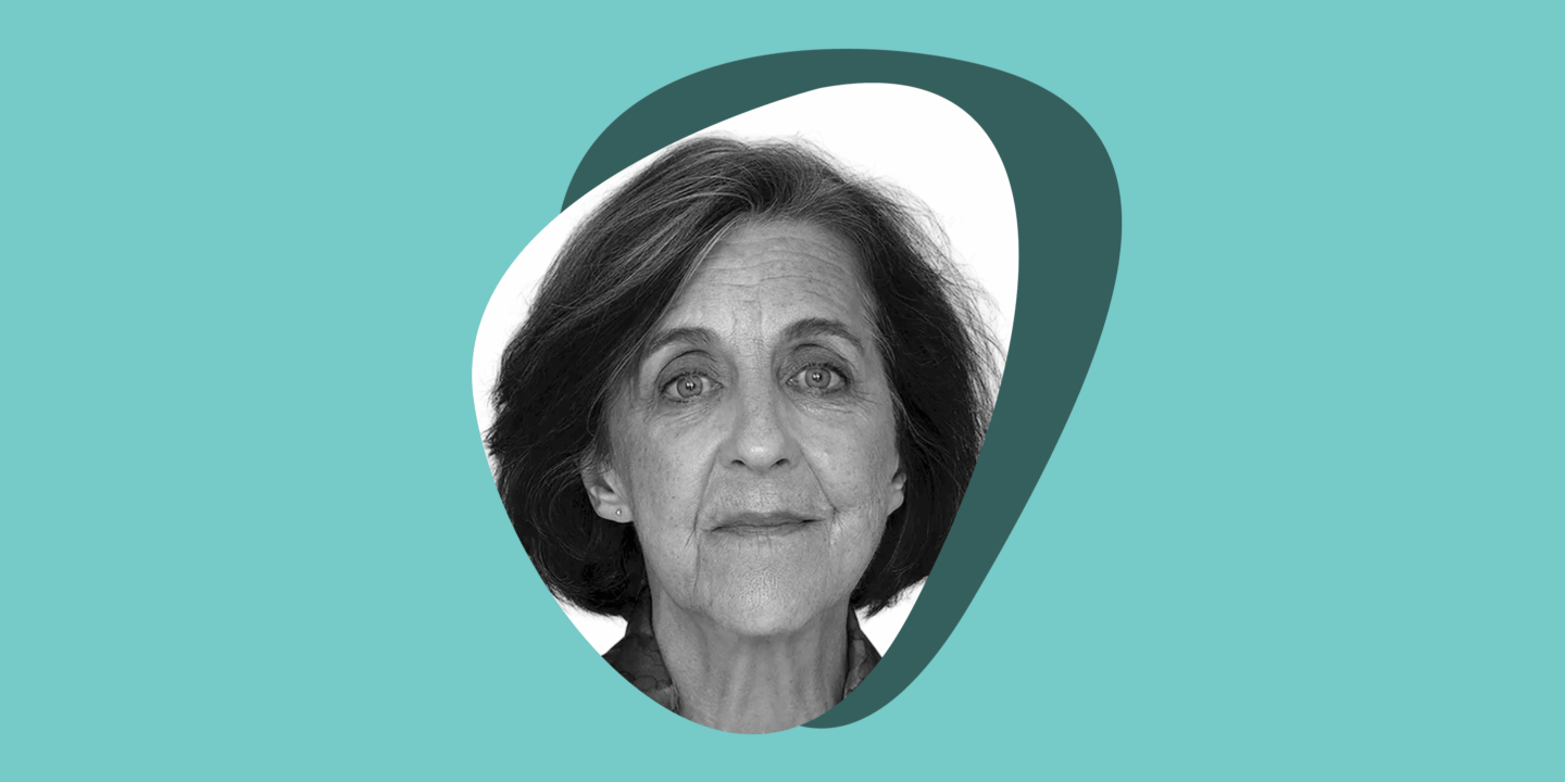 A black-and-white photo of a woman looking at the camera with a neutral expression in a rounded, triangular frame, set against overlapping teal and turquoise circles on a light teal background