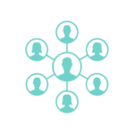 outline of people with their heads in a circle and all connected with lines in light blue.