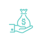 outline of a hand holding a money bag in light blue.