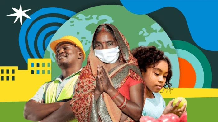 man that works in the energy field, a woman praying with her hands together, and a young girl holding an apple in her hand.