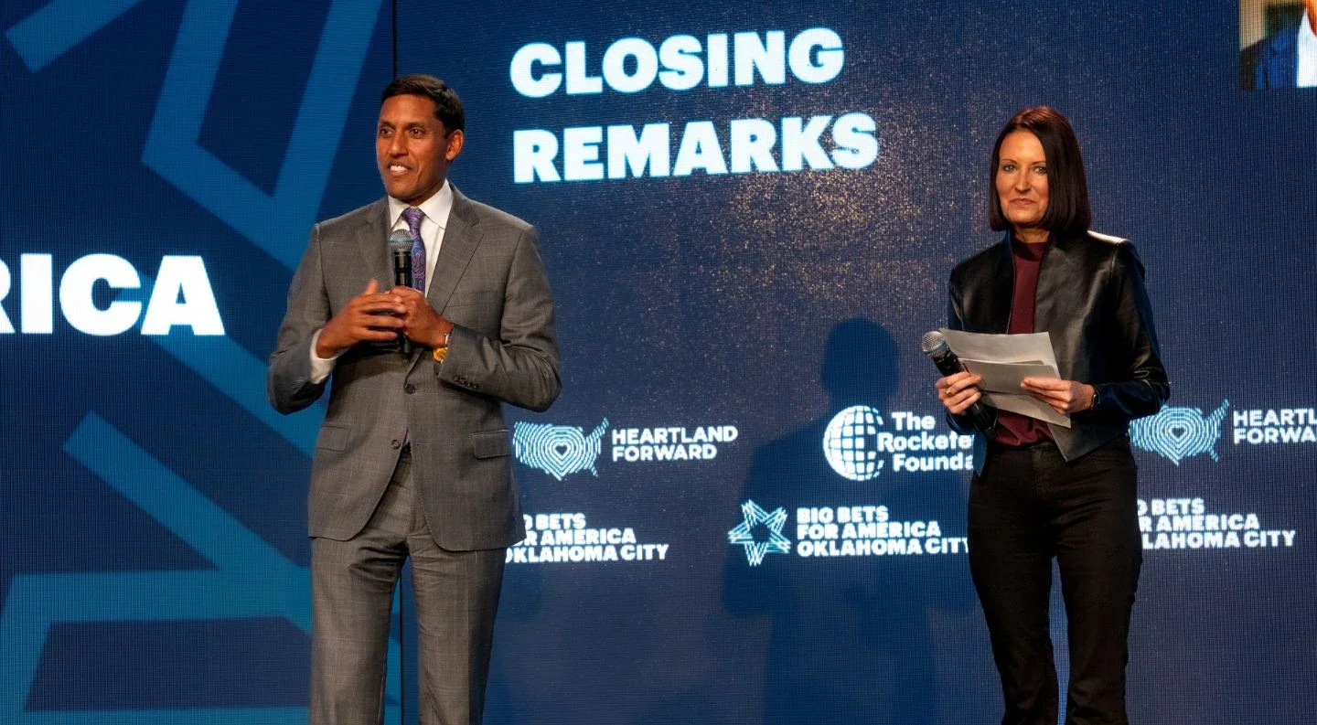 Dr. Rajiv J. Shah, President of The Rockefeller Foundation, and Angie Cooper, President of Heartland Forward, deliver closing remarks at the Big Bets for America convening.