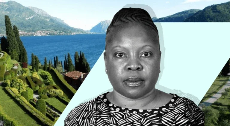Black-and-white portrait of a woman with braided hair over a scenic background of the Bellagio Center overlooking Lake Como, Italy