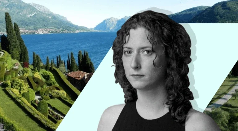 Black-and-white portrait of a woman with curly hair over a scenic background of the Bellagio Center overlooking Lake Como, Italy