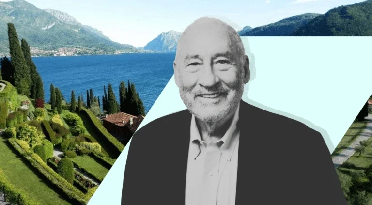 Black-and-white portrait of a smiling man with a beard over a scenic background of the Bellagio Center overlooking Lake Como, Italy